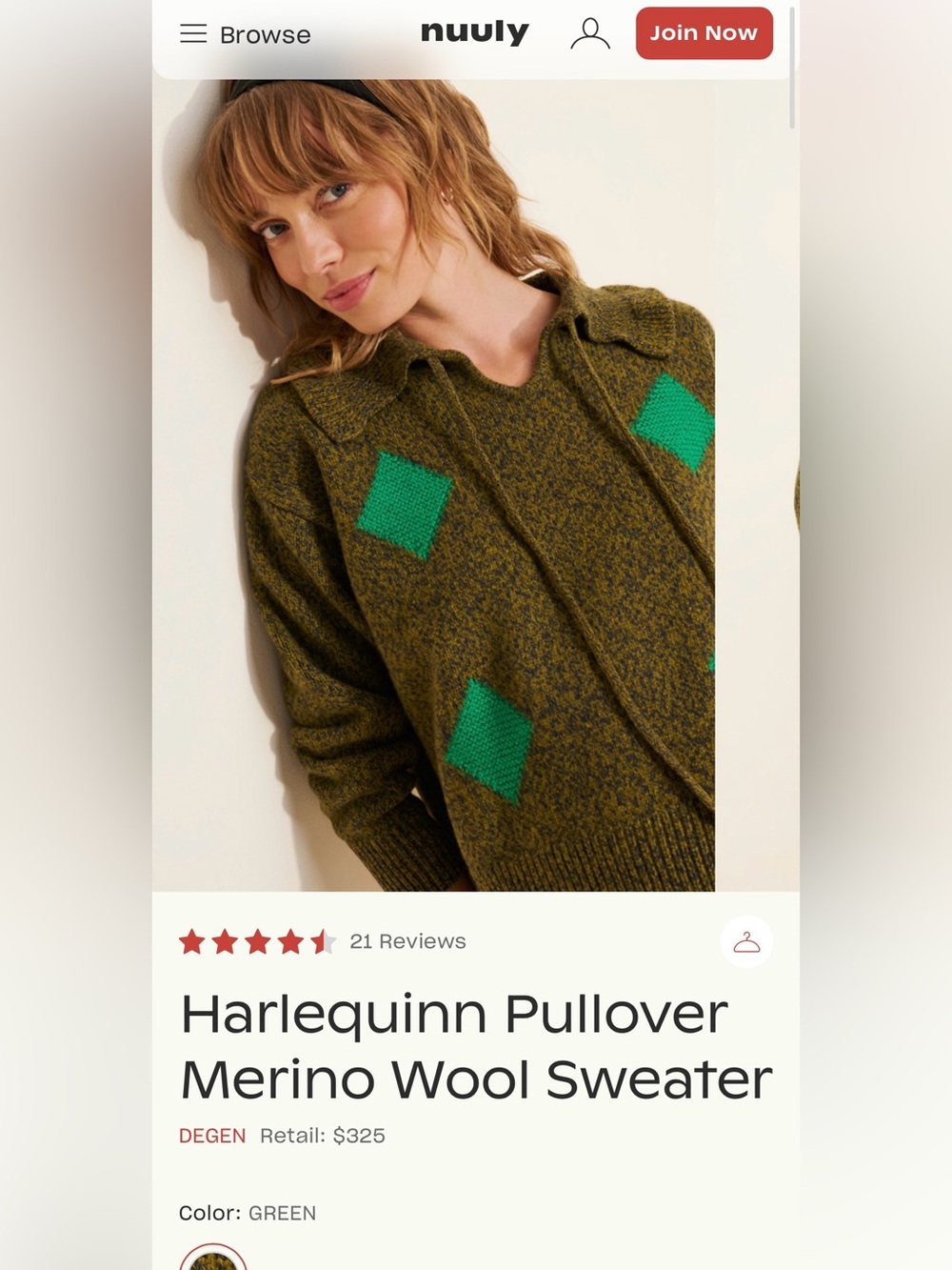 DEGEN Diamond Green Blue Merino Wool Ruffle Collar Sweater XS Harlequin